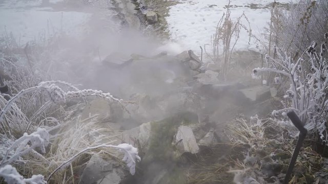 Natural Hot Water Spring during Frosty Winter with Steam