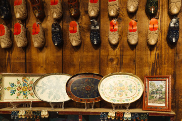 Souvenir in Zaanse Schans windmill village, near Amsterdam, Holland. Traditional souvenirs. Wooden shoes. Wood.