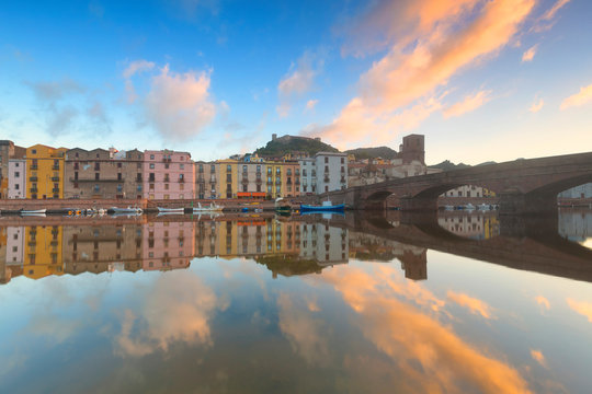 Village of Bosa at sunrise, Bosa, Oristano province, Sardinia, Mediterranean