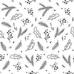 Seamless pattern with tender hand-drawn sprigs and leaves. Vector black and white background.