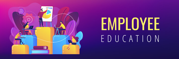 Employees with laptops learning at professional trainig. Internal education, employee education, professional development program concept. Header or footer banner template with copy space.