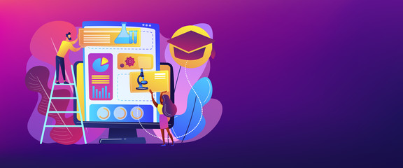 Educational courses management software on computer screen. Learning management system, educational technology, online learning delivery concept. Header or footer banner template with copy space.