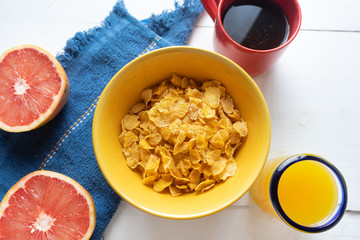 Cereal breakfast with juice and coffee