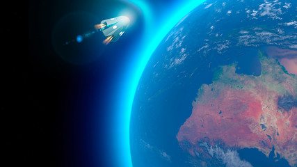 Veicolo spaziale, capsula orbitale da trasporto di equipaggio in direzione della Stazione Spaziale Internazionale. Giro in orbita attorno alla Terra. Vista satellitare della Terra. Atmosfera, attrito © Naeblys