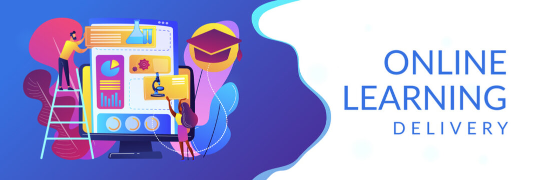 Educational courses management software on computer screen. Learning management system, educational technology, online learning delivery concept. Header or footer banner template with copy space.