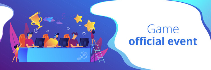Professional gamers at table taking part in e-sport competition and trophy. E-sports tournament, game official event, e-sports championship concept. Header or footer banner template with copy space.