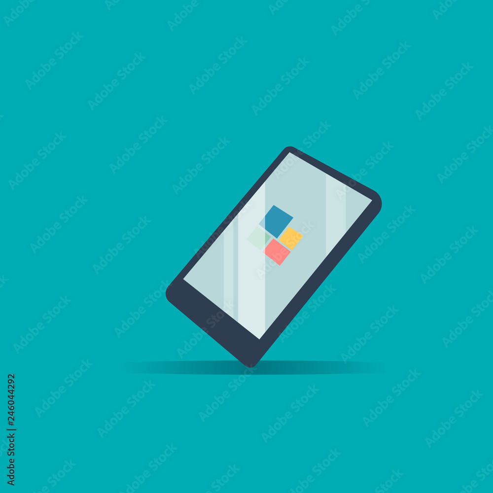 Poster smartphone dispaly application on screen vector.modern cell phone with color gadget on blue backgrou