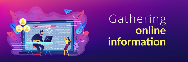 Hacker gathering target individuals sensitive data and making it public. Doxing, gathering online information, hacking exploit result concept. Header or footer banner template with copy space.