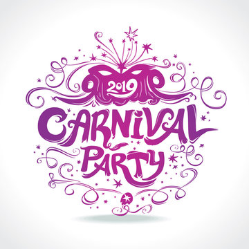 Carnival Party. logo beautiful vintage titles. Hand drawn vector template with Masquerade Mask. 