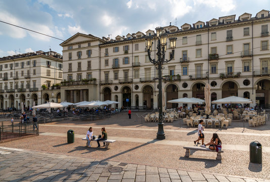 Cafes and people on Piazza Vittorio Veneto, Turin, Piedmont