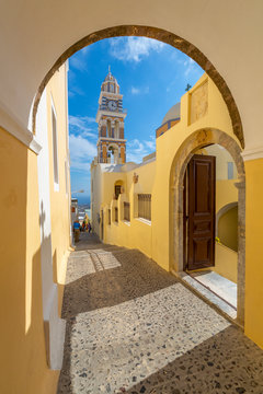 View of clock tower of Church Ag Loannis Baptistis, Fira, Santorini (Thira), Cyclades, Greek Islands, Greece
