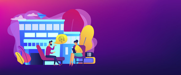 Male patient on coach at psychology consultation talking to psychologist. Psychologist service, private counseling, family psychology concept. Header or footer banner template with copy space.