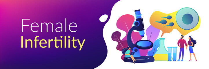 Scientist on microscope working on infertility treatment for couple. Infertility, female infertility causes, sterility medical treatment concept. Header or footer banner template with copy space.