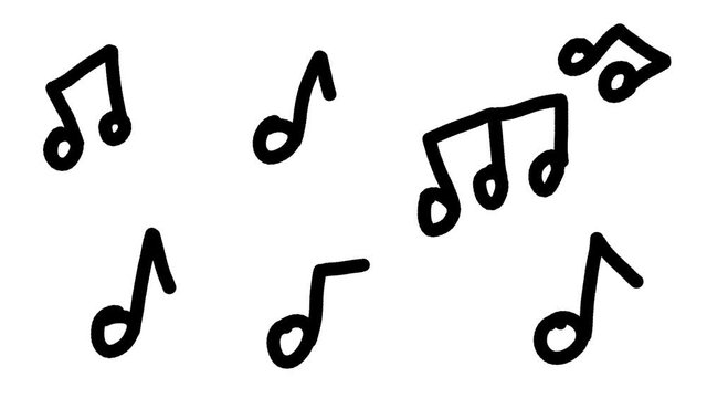 Hand drawn animation of many different music notes over a white background.Cartoon looking drawing.
