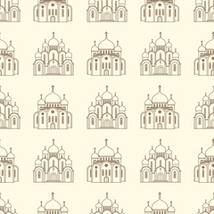 Line orthodox church buildings seamless pattern. Illustration of church seamless pattern