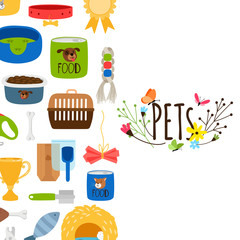Vector pets background with pet shop icons. Pet comb, feed and leash illustration