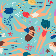 Fototapeta na wymiar Swimmers girls underwater pattern with color fish. Vector seamless swimmer girl pattern in sea illustration