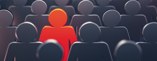 Stand out from the crowd and different creative idea concepts, man standing out of crowd - 3d rendering