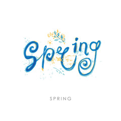 Modern inscription Spring and painted flowering branch. Vector watercolor hand drawn illustration inscription Spring pattern.