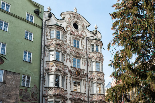 INNSBRUCK, AUSTRIA - JANUARY, 01 2019: Helbling House (Helblinghaus) at Herzog-Friedrich-Strasse - is a building in baroque style located in the Old Town (Altstadt) - Innsbruck, Austria