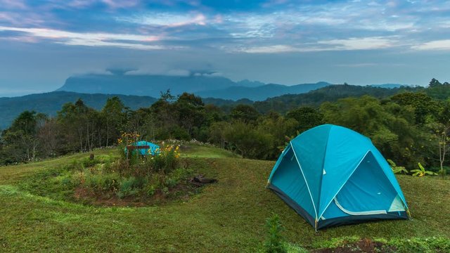 Sunrise Doi Luang Chiang Dao Mountains Camping Foreground Landmark Nature Travel Place Of Chiang Mai, Thailand 4K Time Lapse (tilt up)