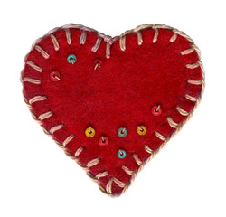 Red felt love heart with embroidery and beads in a primitive style