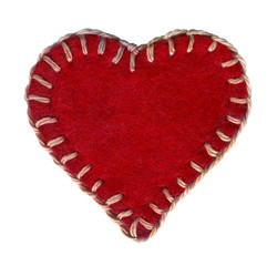Red felt love heart with embroidery  in a primitive style