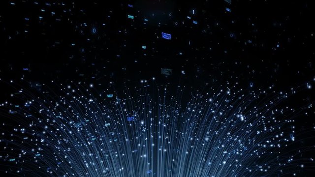 Artistic blinking optical fibers animation with computer data travel on dark background. 