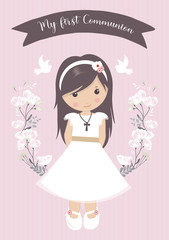 my first communion girl. beautiful girl with communion dress and flower frame