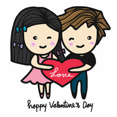 Cute couple in love holding heart Happy Valentine's Day cartoon illustration