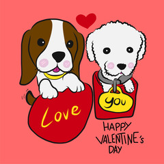Puppy poodle and beagle couple Happy Valentine's Day cartoon vector illustration