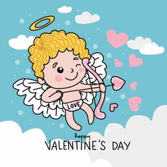 Cute cupid with arrow heart on sky cartoon vector illustration doodle style