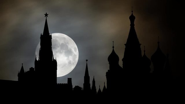 Moscow: Kremlin (Spasskaya Tower) and Saint Basil's Cathedral in Red Square by Nigh with Full Moon, Capital of Russia, Europe