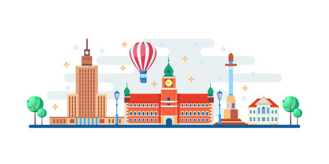 Warsaw cityscape with famous touristic landmarks. Vector flat illustration. Travel to Poland horizontal banner design - obrazy, fototapety, plakaty