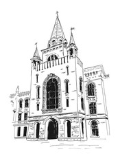 Fototapeta premium Original sketch hand drawing of european cityscape. Historical building illustration