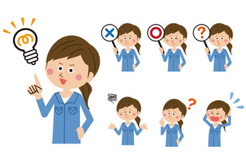 ポップな青い制服の作業員　女性　7ポーズ