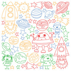 Vector set of space elements icons in doodle style. Painted, colorful, pictures on a piece of paper on white background.