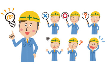 ポップな緑の制服の作業員　男性　7ポーズ