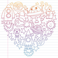 Vector set of space elements icons in doodle style. Painted, drawn with a pen, on a sheet of checkered paper on a white background.