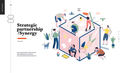 Technology 1 -Strategic Partership - Synergy flat vector concept digital illustration partnership and synergy metaphor. Business workflow and team management Creative landing web page design template