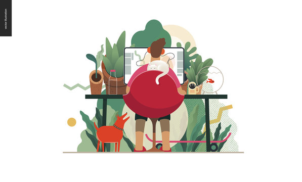 Technology 2 -Home Office - Modern Flat Vector Concept Digital Illustration Home Office Metaphor, A Freelancer Guy Working At Home With Pets And Plants. Creative Landing Web Page Design Template