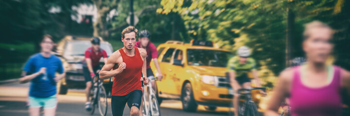 Fit runners motion blur people crowd training in city panorama banner - Athletes jogging, biking in...
