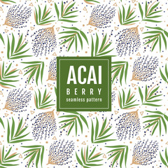 Seamless pattern of the branches of acai berry and tropical leaves on a white background. Vector template packaging design beauty products