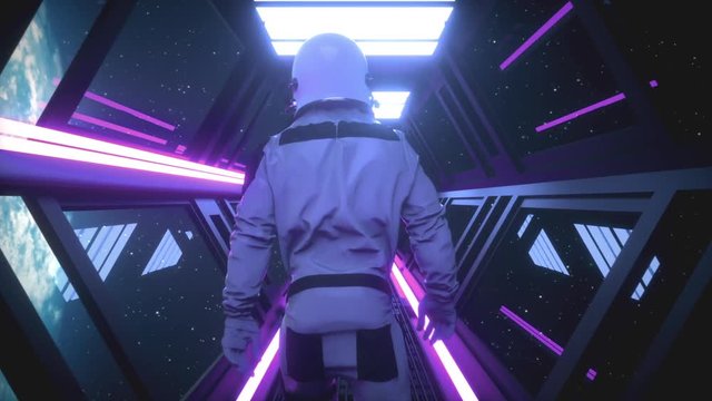 Astronaut going through the tunnel to another compartment of the space gateway
