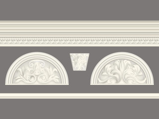 Cream classic relief and cornice set isolated, architectural elements set - obrazy, fototapety, plakaty