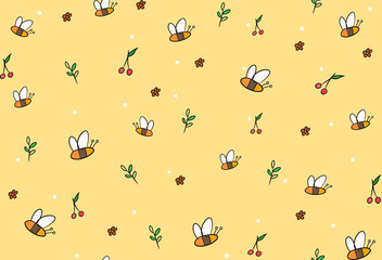 color matching cute honey bee and cherry and branch seamless pattern