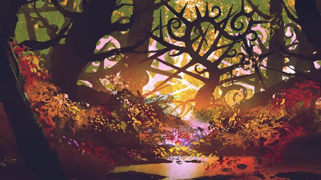 fantasy autumn forest with thorn trees, motion graphic painting