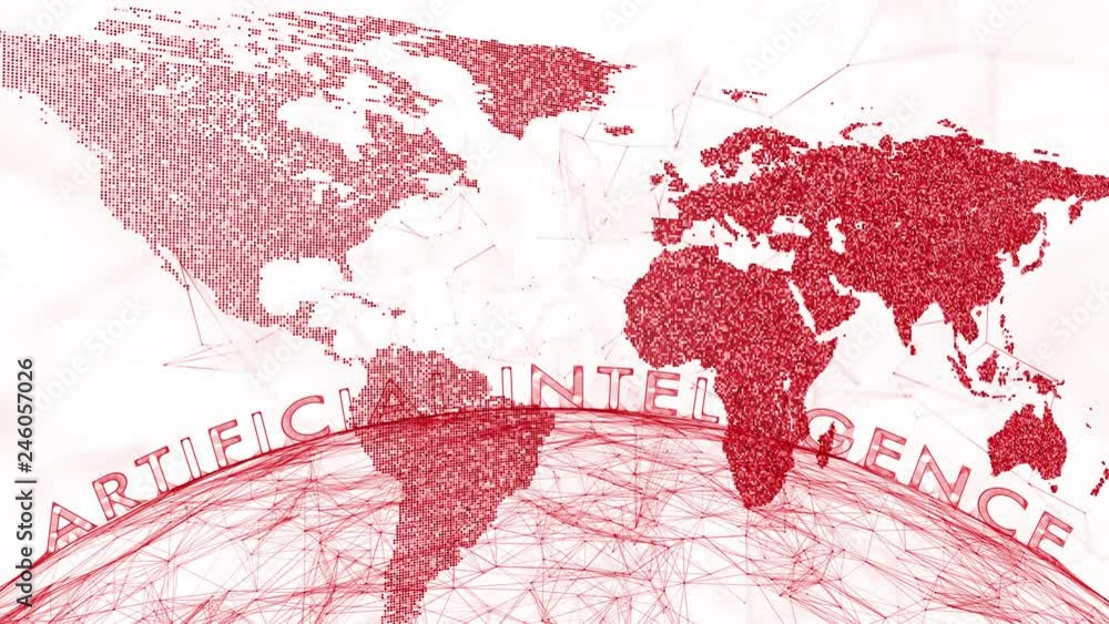 Poster red colored artificial intelligence cyberspace with artistic planet and world map on white backgroun