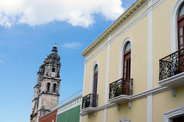 Facades of Colonial Buildings in Campeche, Mexico, with the City's Church Cathedral Visible