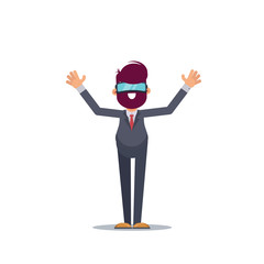 A young man in formal suit wearing virtual reality goggles and headset with a projection of a digital world. Business concept.